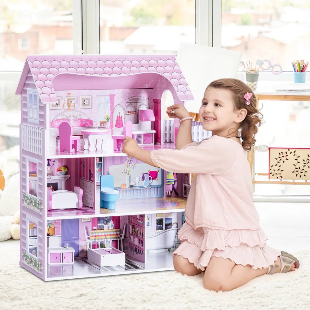 28 Inch Pink Dollhouse with Furniture - Pink - Play Tents & Playhouse