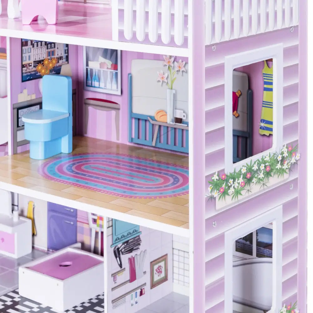 28 Inch Pink Dollhouse with Furniture - Pink - Play Tents & Playhouse