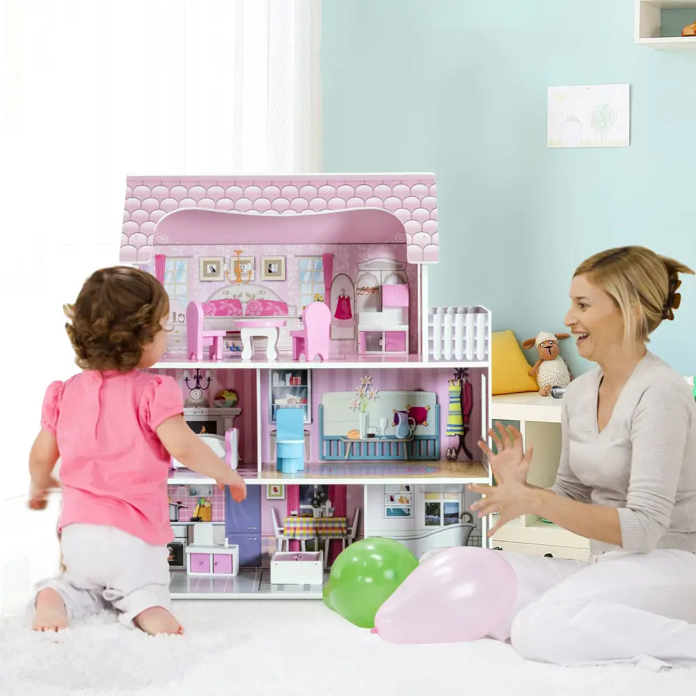 28 Inch Pink Dollhouse with Furniture - Pink - Play Tents & Playhouse