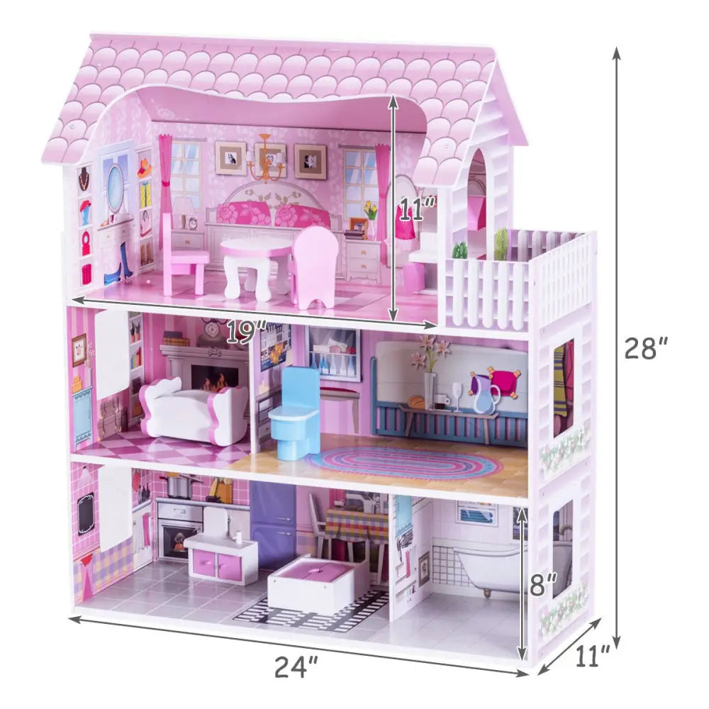 28 Inch Pink Dollhouse with Furniture - Pink - Play Tents & Playhouse
