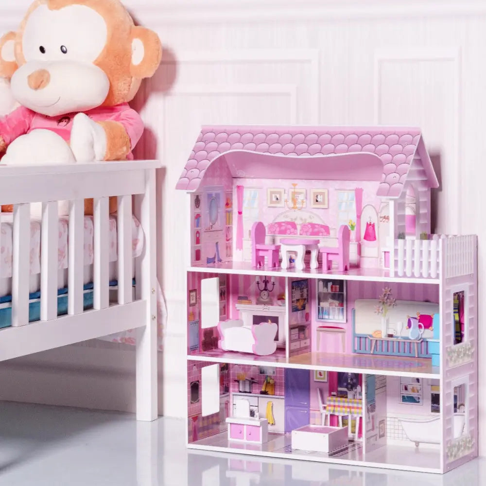 28 Inch Pink Dollhouse with Furniture - Pink - Play Tents & Playhouse