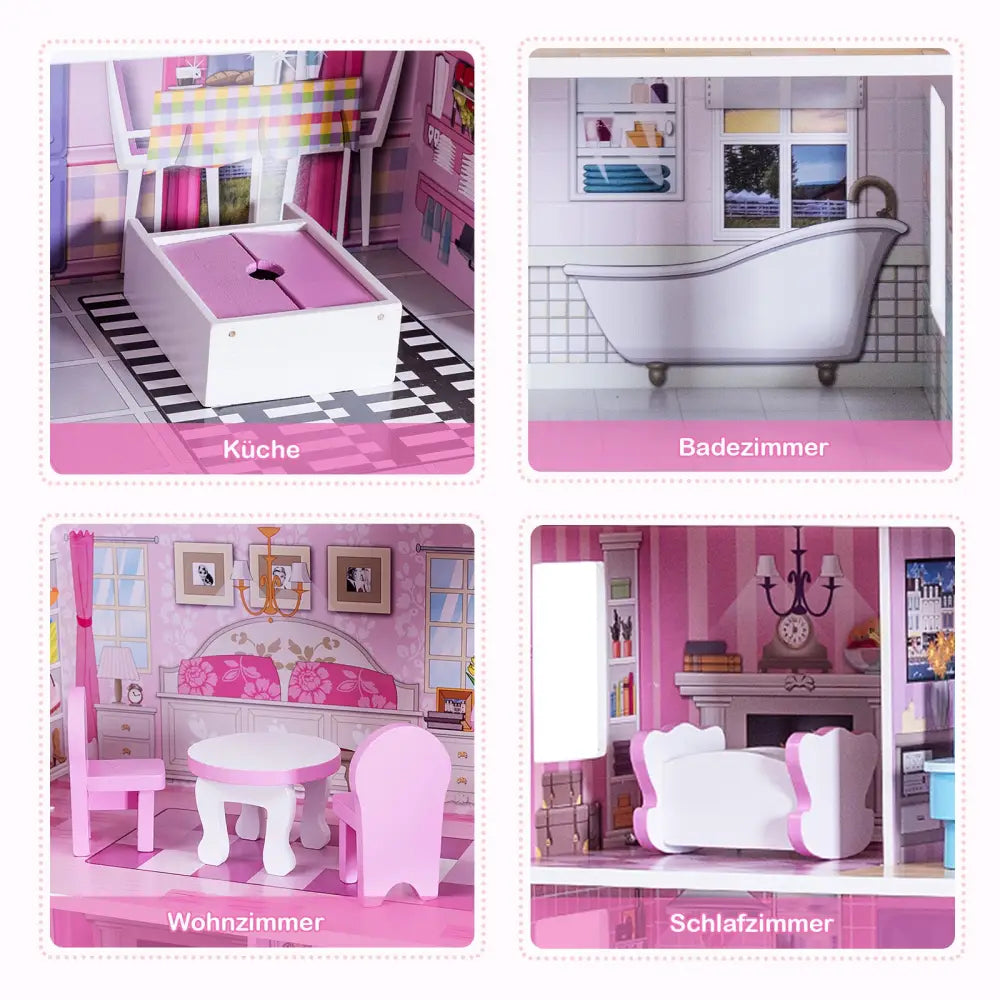 28 Inch Pink Dollhouse with Furniture - Pink - Play Tents & Playhouse