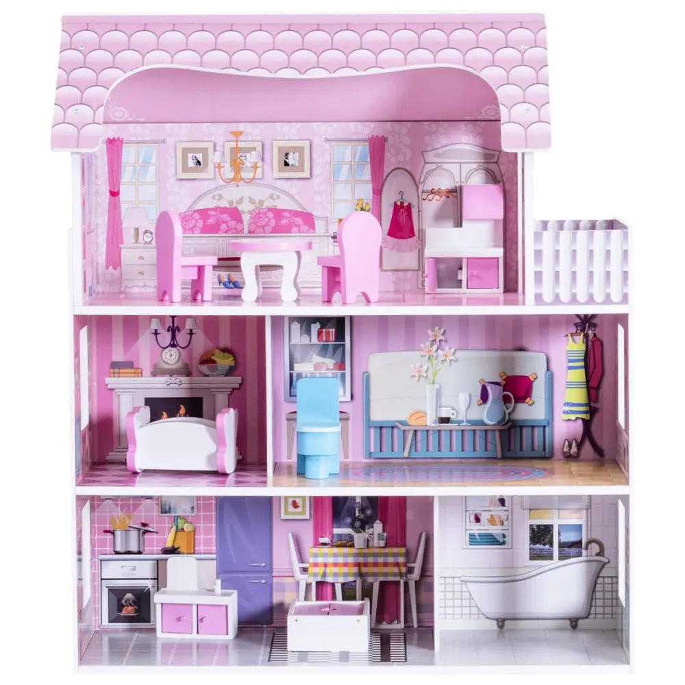 28 Inch Pink Dollhouse with Furniture - Pink - Play Tents & Playhouse
