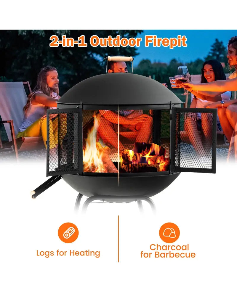 28 Inch Portable Fire Pit on Wheels with Log Grate-Black - Black - Fire Pits