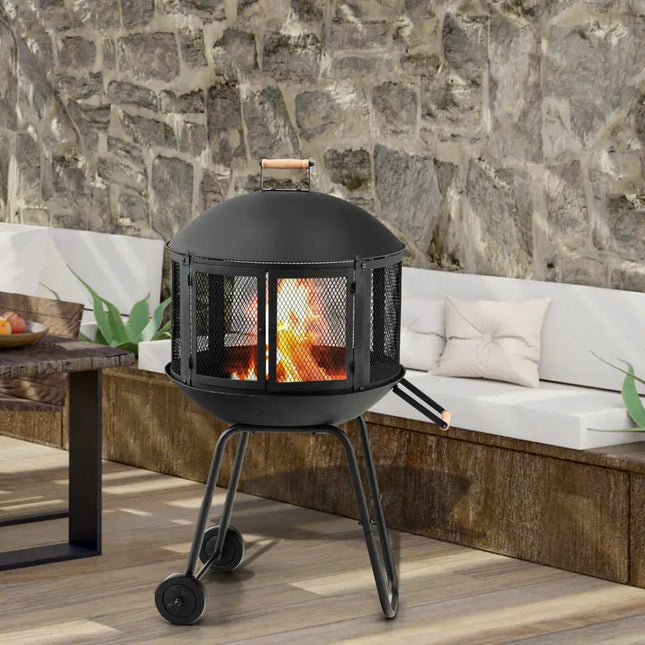 28 Inch Portable Fire Pit on Wheels with Log Grate-Black - Black - Fire Pits