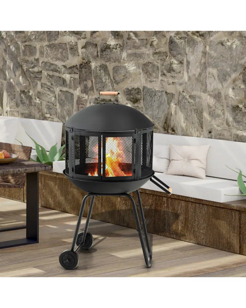 28 Inch Portable Fire Pit on Wheels with Log Grate-Black - Black - Fire Pits