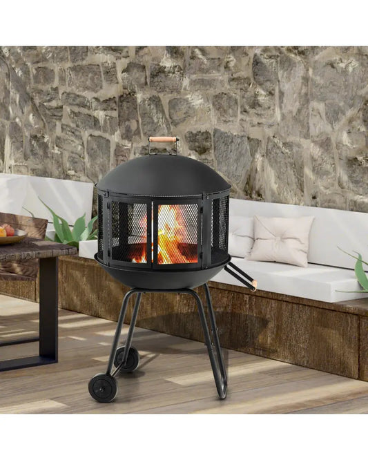 28 Inch Portable Fire Pit on Wheels with Log Grate-Black - Black - Fire Pits