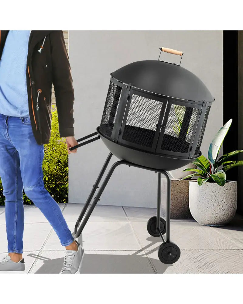 28 Inch Portable Fire Pit on Wheels with Log Grate-Black - Black - Fire Pits