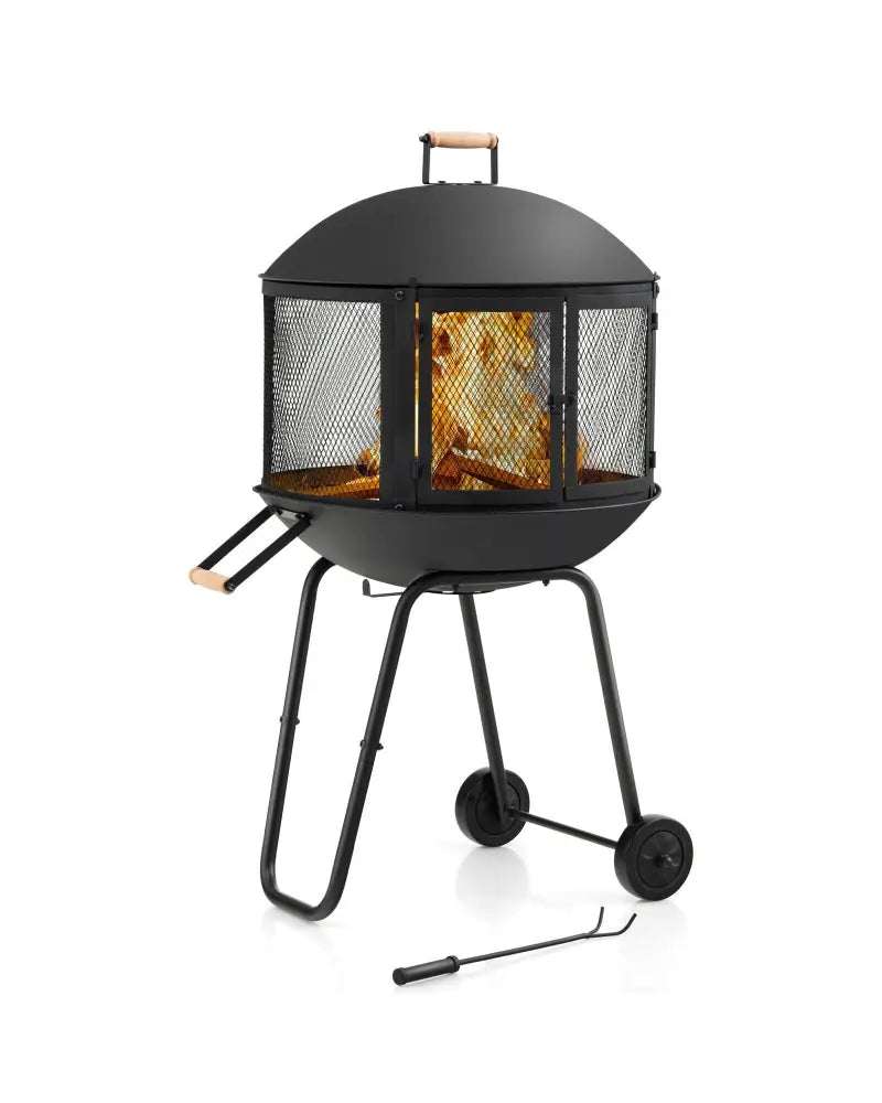 28 Inch Portable Fire Pit on Wheels with Log Grate-Black - Black - Fire Pits