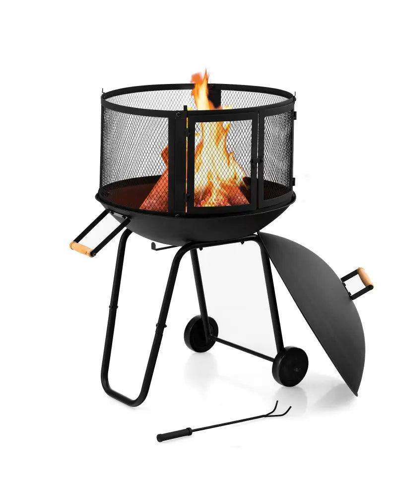 28 Inch Portable Fire Pit on Wheels with Log Grate-Black - Black - Fire Pits
