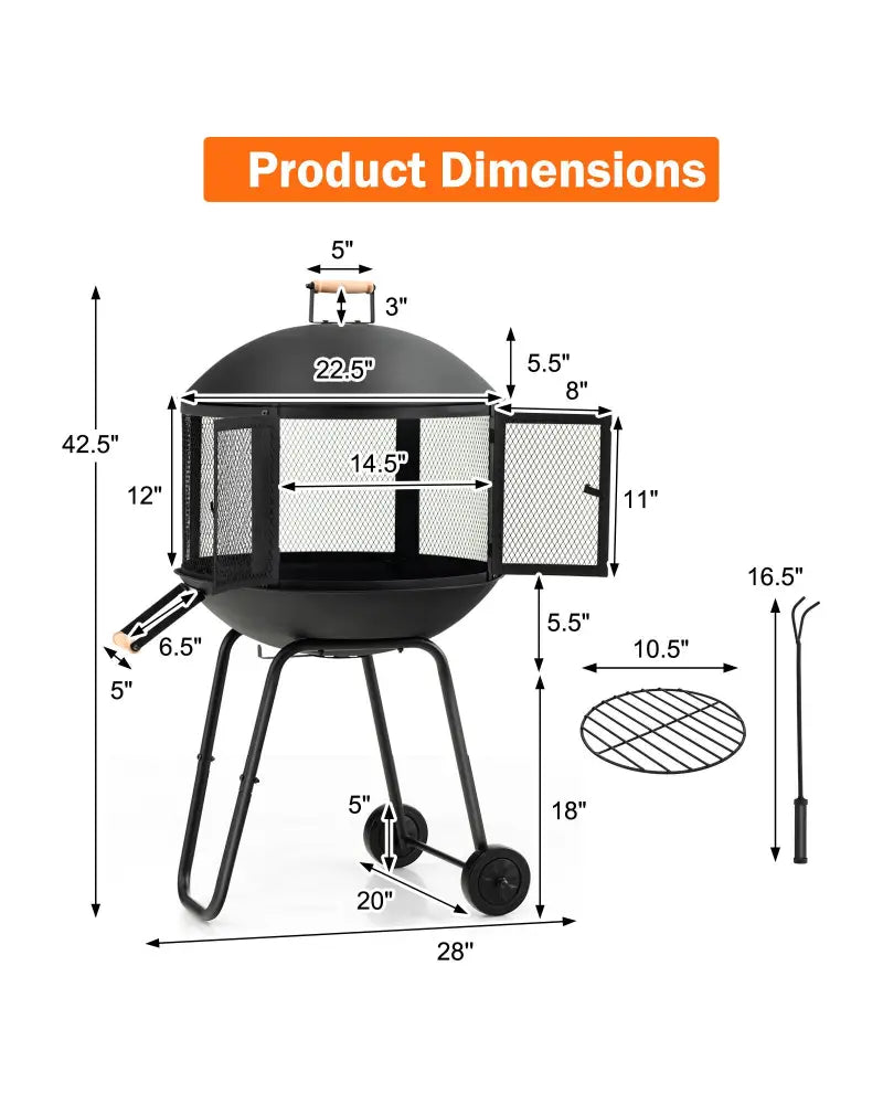 28 Inch Portable Fire Pit on Wheels with Log Grate-Black - Black - Fire Pits
