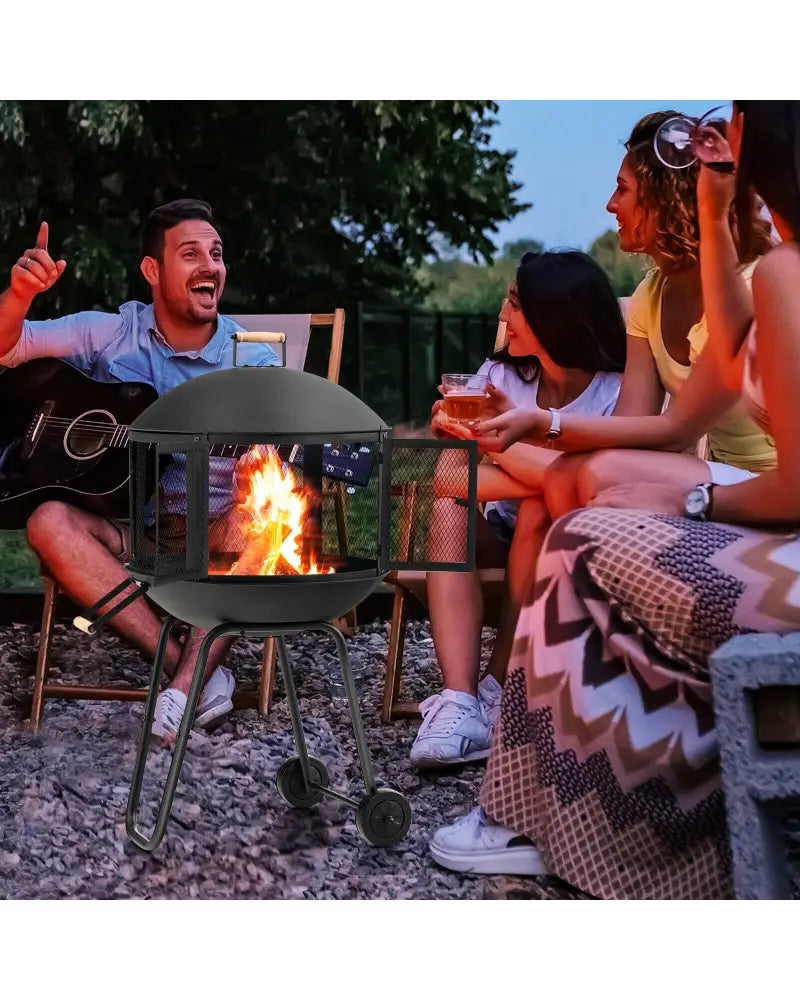 28 Inch Portable Fire Pit on Wheels with Log Grate-Black - Black - Fire Pits