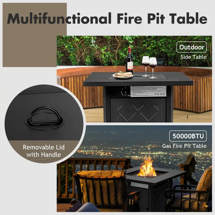 28 Inch Propane 50 000 BTU Patio Square Gas Fireplace with Lava Rock-Black - Black - Fire Pit Tables
