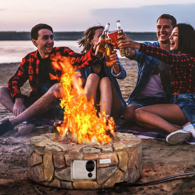 28 Inch Propane Gas Fire Pit Outdoor 40 000 BTU Stone-Brown - Brown - Fire Pit Tables