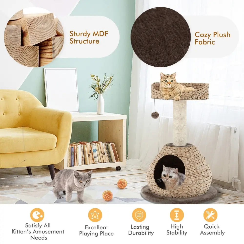 28 Inches Hand-Made Cat Tree Tower with Jump Platform-Coffee - Coffee - Cat Trees Condos & Scratchers
