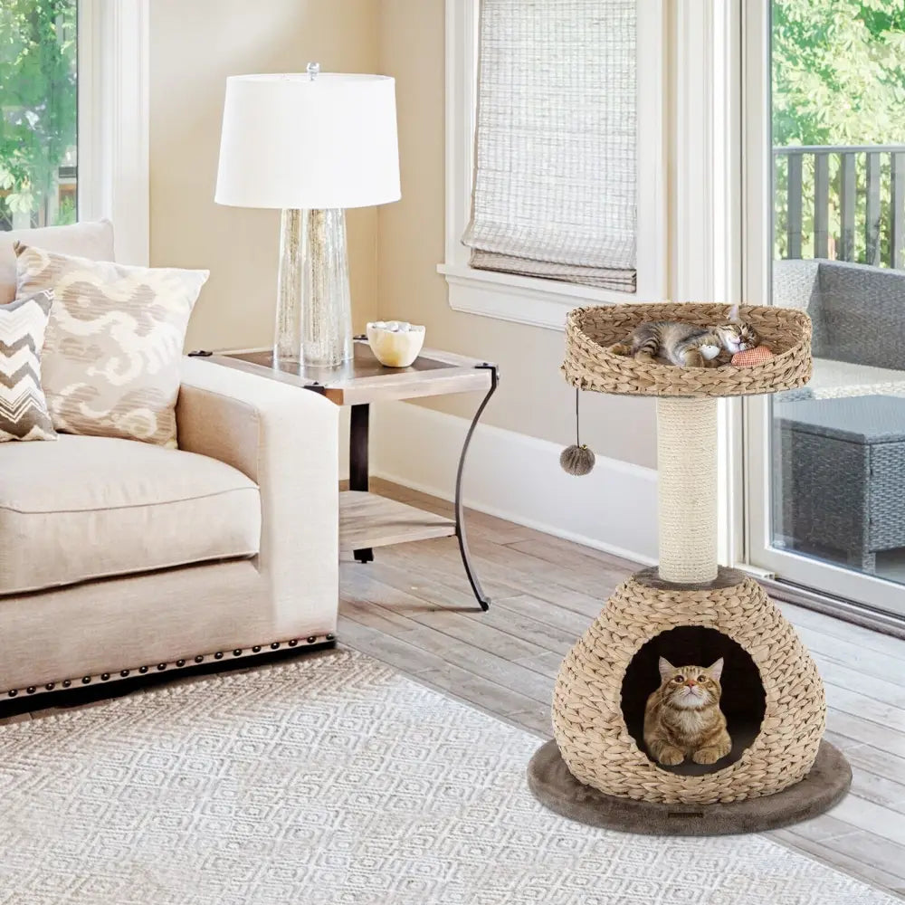28 Inches Hand-Made Cat Tree Tower with Jump Platform-Coffee - Coffee - Cat Trees Condos & Scratchers