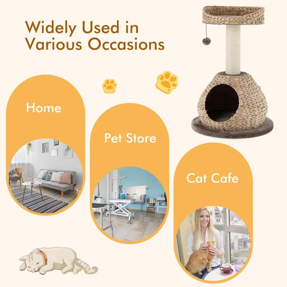 28 Inches Hand-Made Cat Tree Tower with Jump Platform-Coffee - Coffee - Cat Trees Condos & Scratchers