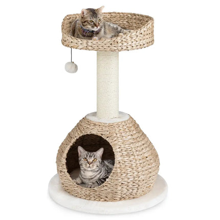 28 Inches Hand - Made Cat Tree Tower with Jump Platform - White - Oasis Home Essentials