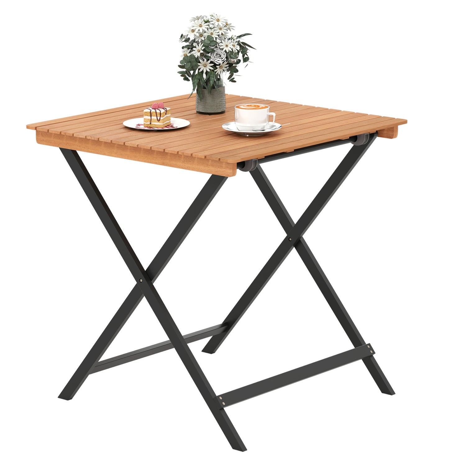 28 Inch Patio Folding Square Table with Slatted Tabletop for Backyard Porch