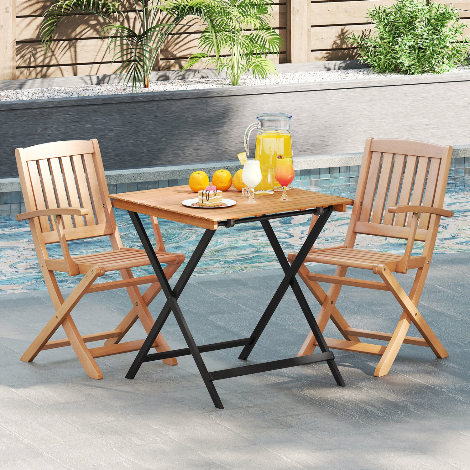 28 Inch Patio Folding Square Table with Slatted Tabletop for Backyard Porch