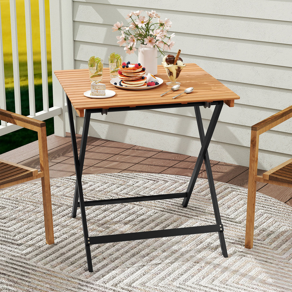 28 Inch Patio Folding Square Table with Slatted Tabletop for Backyard Porch