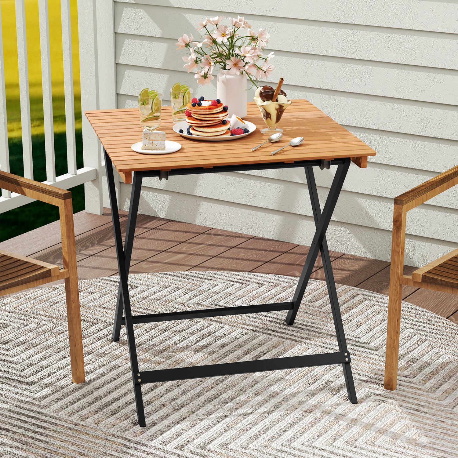 28 Inch Patio Folding Square Table with Slatted Tabletop for Backyard Porch