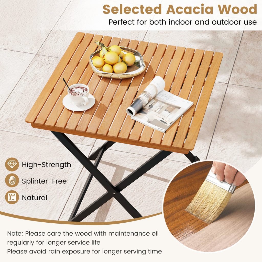 28 Inch Patio Folding Square Table with Slatted Tabletop for Backyard Porch