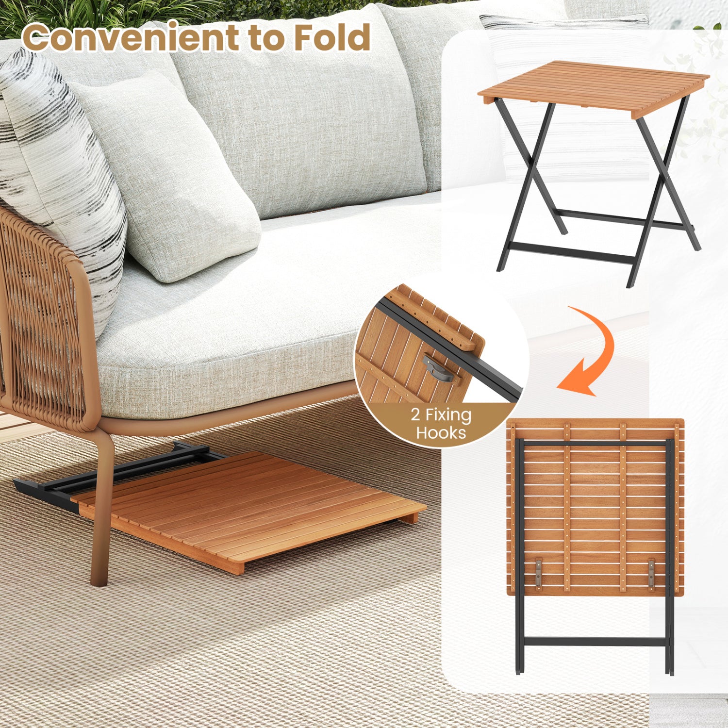 28 Inch Patio Folding Square Table with Slatted Tabletop for Backyard Porch