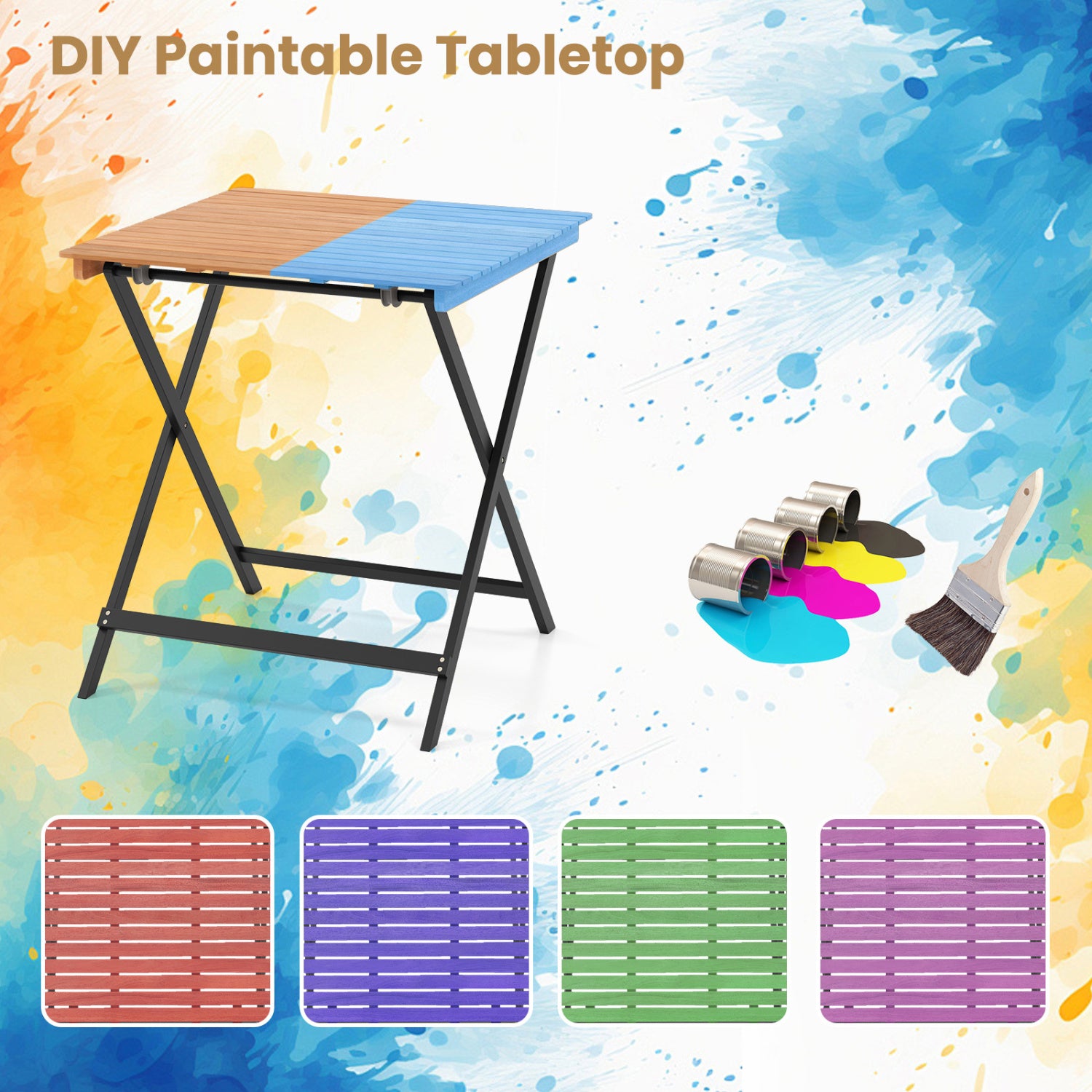 28 Inch Patio Folding Square Table with Slatted Tabletop for Backyard Porch