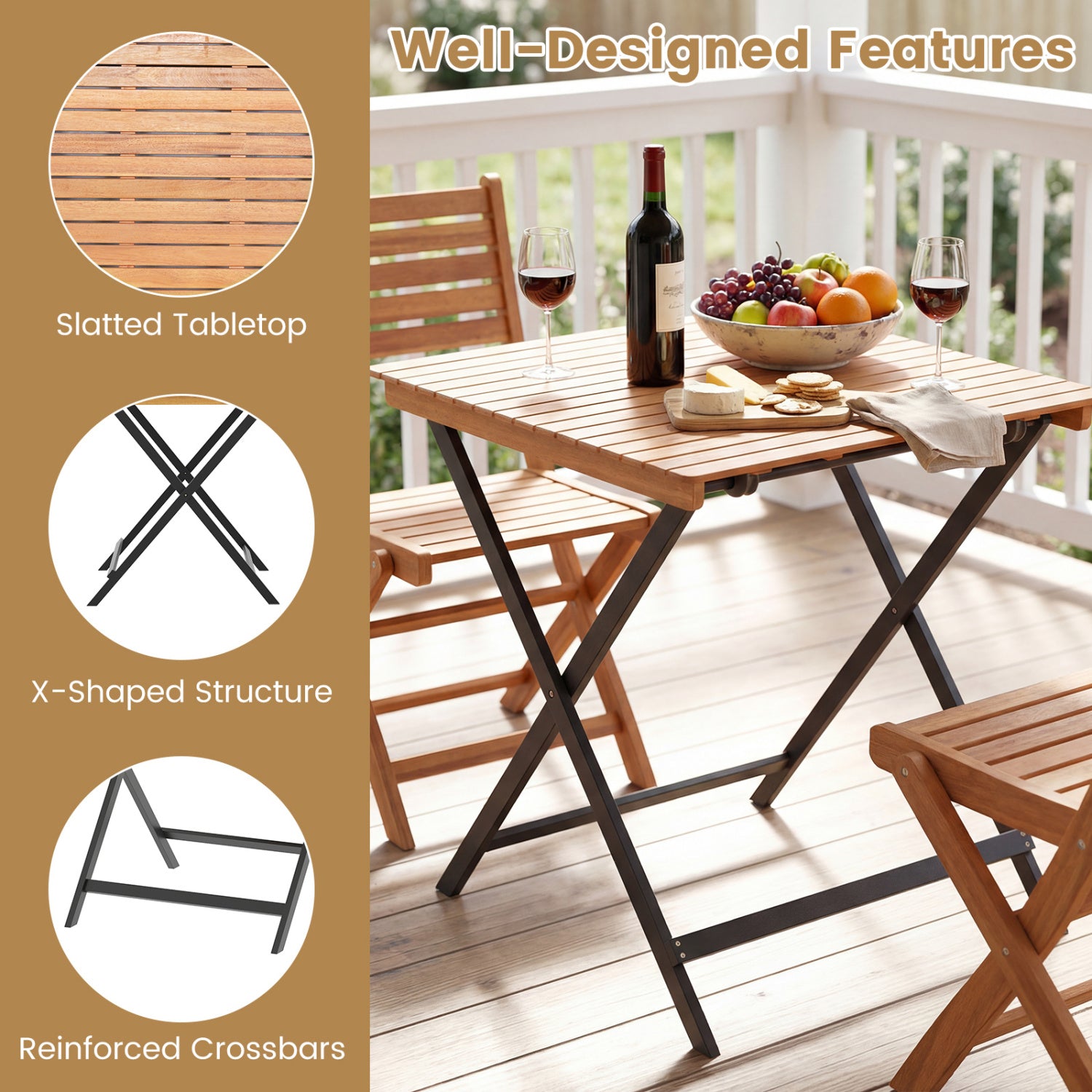28 Inch Patio Folding Square Table with Slatted Tabletop for Backyard Porch