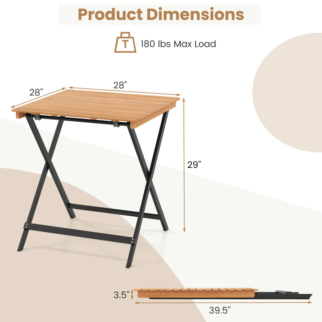 28 Inch Patio Folding Square Table with Slatted Tabletop for Backyard Porch