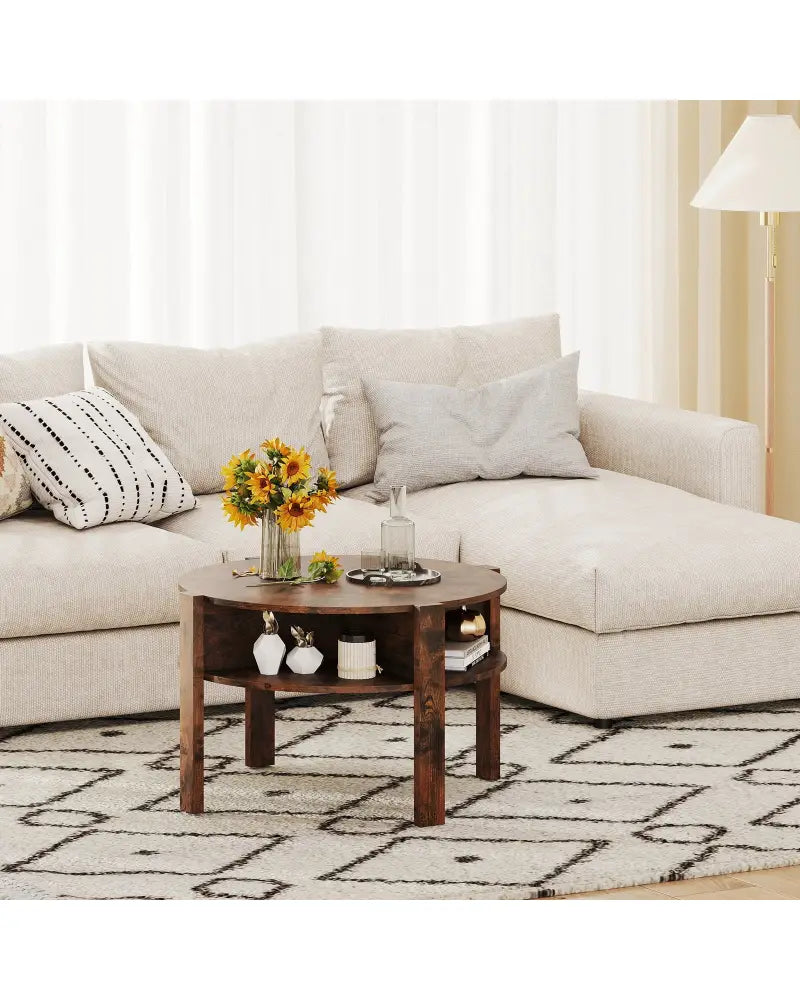 29.5 Inch Round Coffee Table with Storage Shelves for Small Space-Rustic Brown - Rustic Brown - Coffee Tables