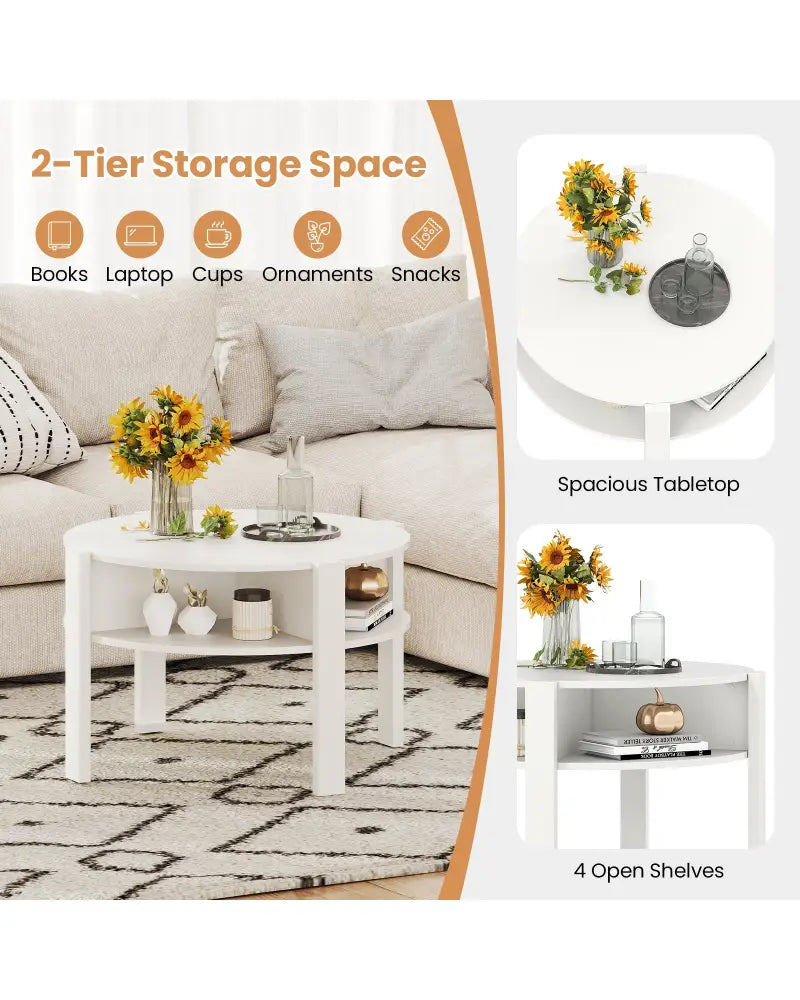 29.5 Inch Round Coffee Table with Storage Shelves for Small Space-White - White - Coffee Tables