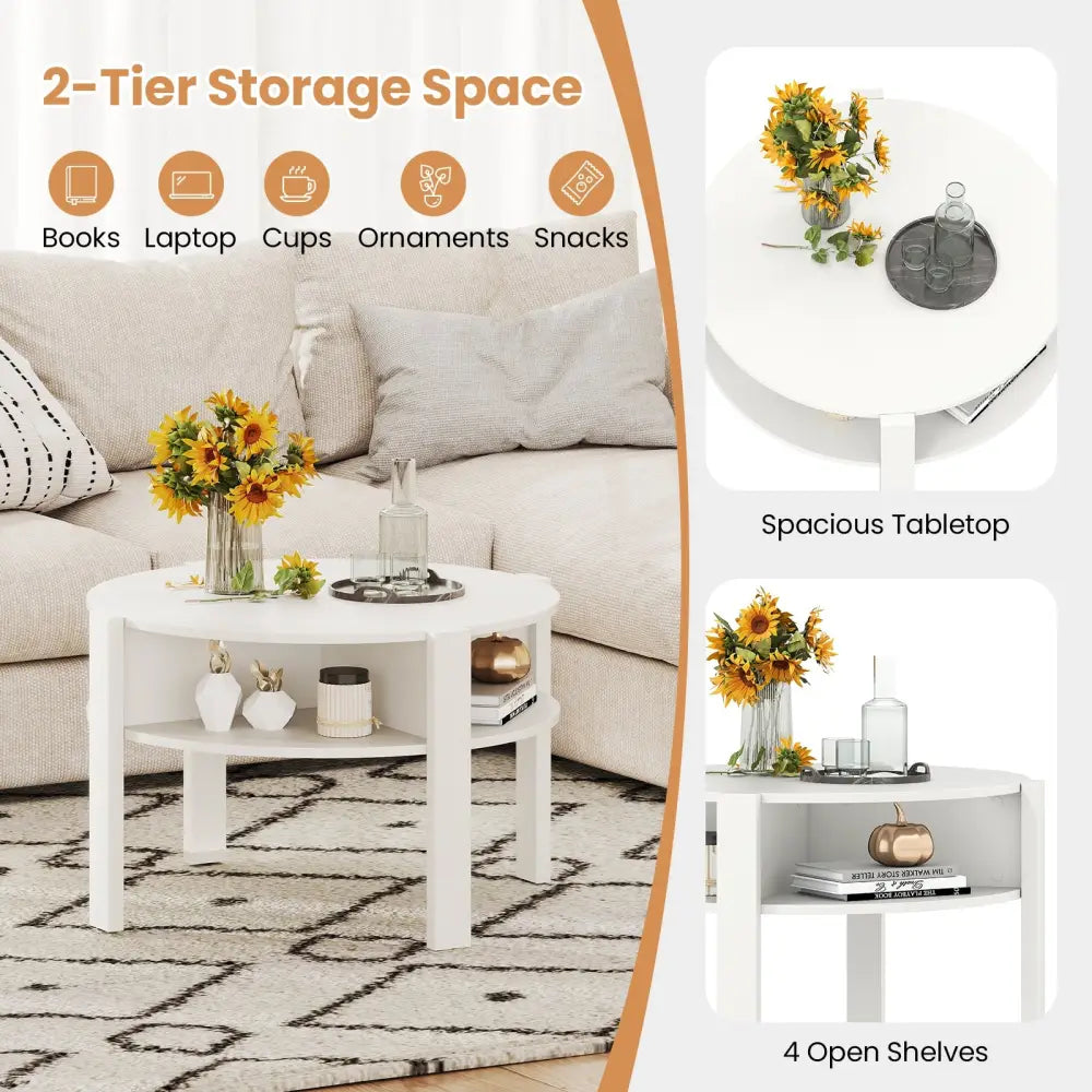 29.5 Inch Round Coffee Table with Storage Shelves for Small Space-White - White - Coffee Tables