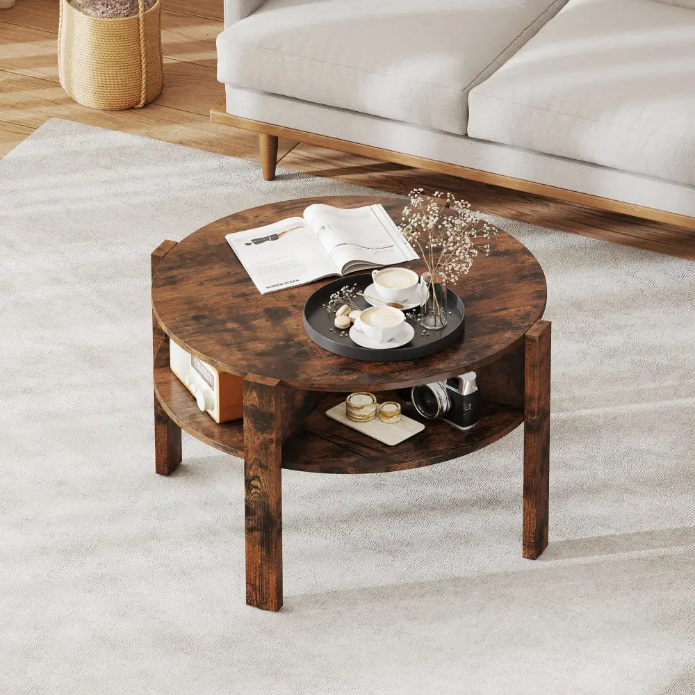 29.5 Inch Round Coffee Table with Storage Shelves for Small Space-Rustic Brown - Rustic Brown - Coffee Tables