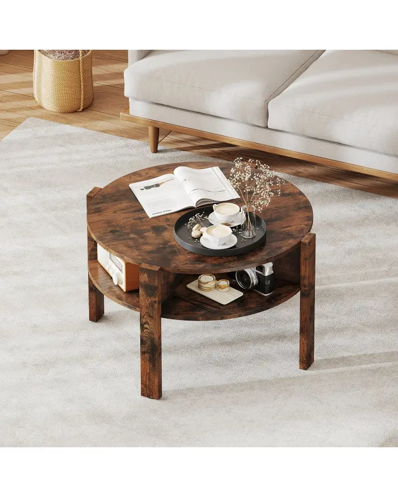 29.5 Inch Round Coffee Table with Storage Shelves for Small Space-Rustic Brown - Rustic Brown - Coffee Tables