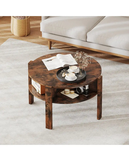 29.5 Inch Round Coffee Table with Storage Shelves for Small Space-Rustic Brown - Rustic Brown - Coffee Tables