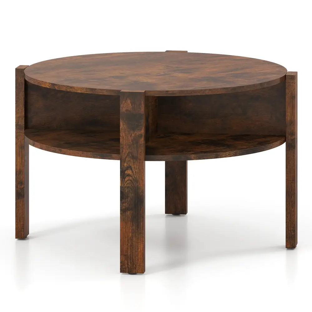 29.5 Inch Round Coffee Table with Storage Shelves for Small Space-Rustic Brown - Rustic Brown - Coffee Tables