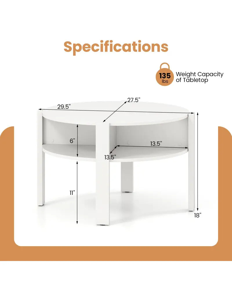 29.5 Inch Round Coffee Table with Storage Shelves for Small Space-White - White - Coffee Tables