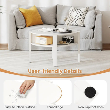 29.5 Inch Round Coffee Table with Storage Shelves for Small Space-White Costway