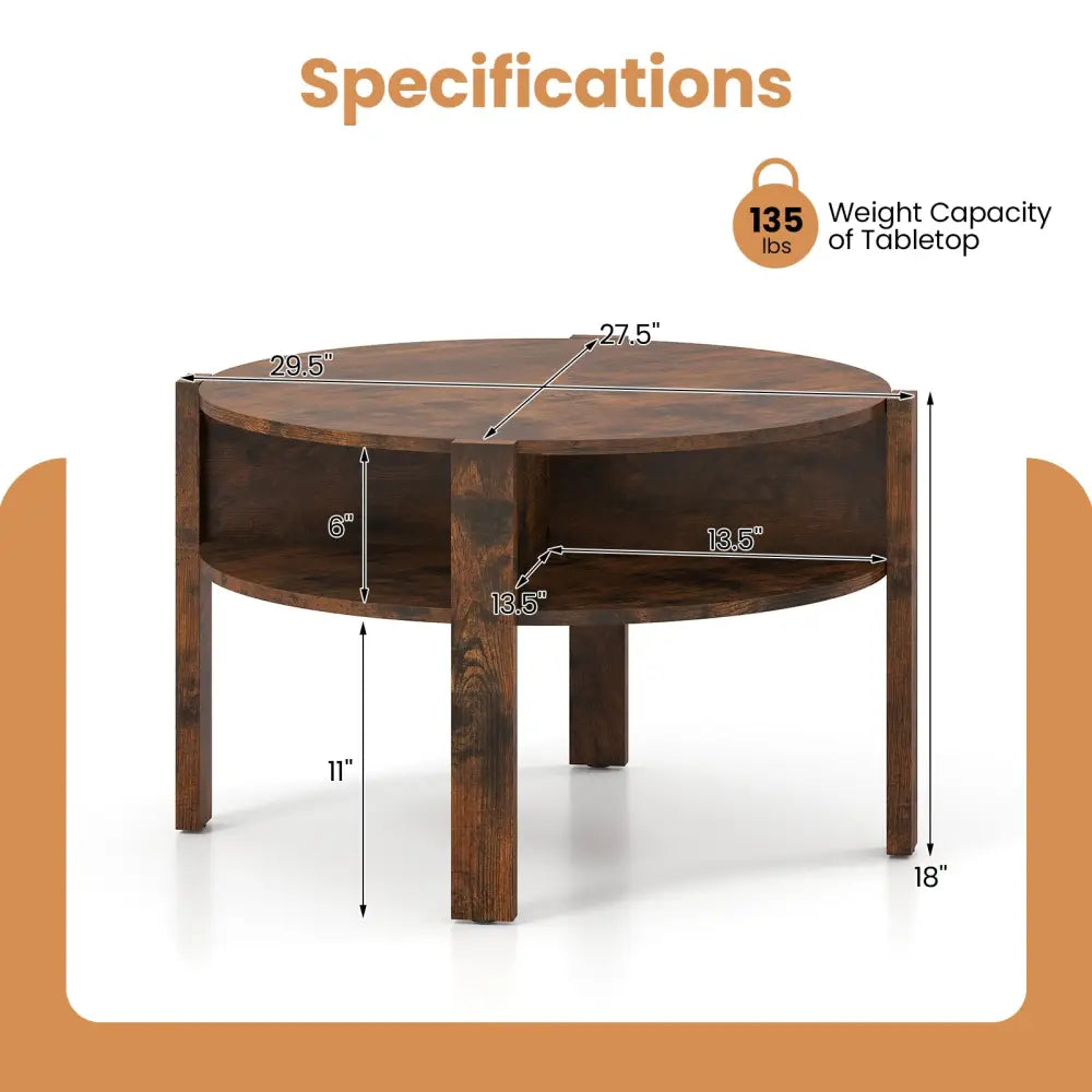 29.5 Inch Round Coffee Table with Storage Shelves for Small Space-Rustic Brown - Rustic Brown - Coffee Tables