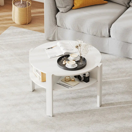 29.5 Inch Round Coffee Table with Storage Shelves for Small Space-White Costway