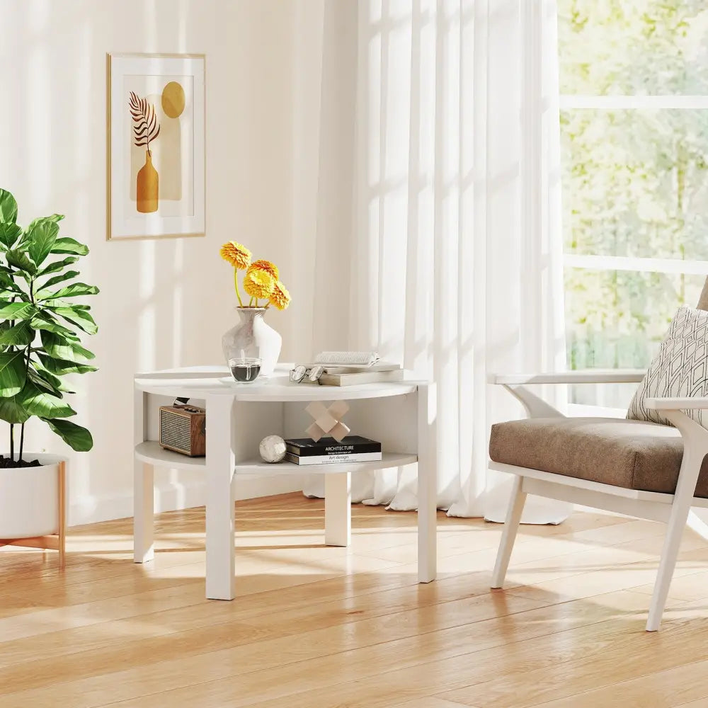 29.5 Inch Round Coffee Table with Storage Shelves for Small Space-White - White - Coffee Tables