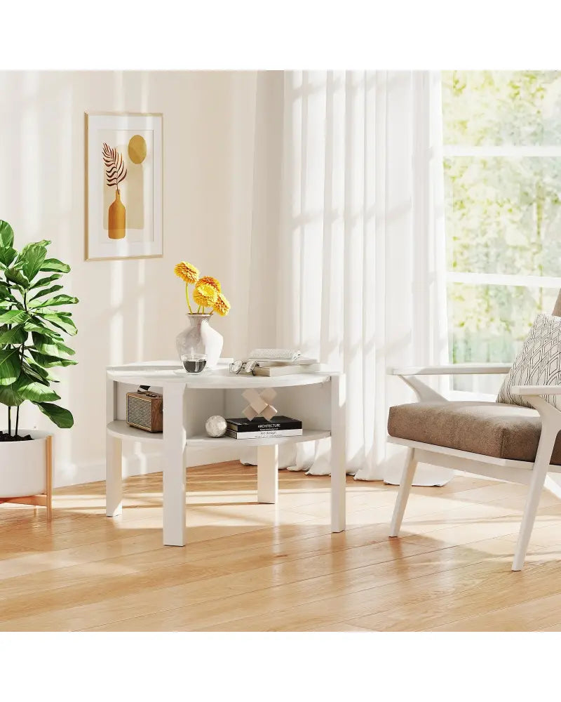 29.5 Inch Round Coffee Table with Storage Shelves for Small Space-White - White - Coffee Tables