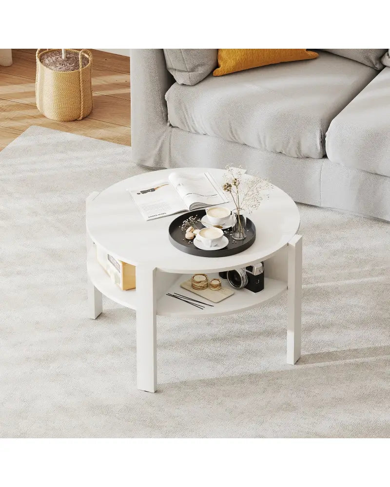 29.5 Inch Round Coffee Table with Storage Shelves for Small Space-White - White - Coffee Tables