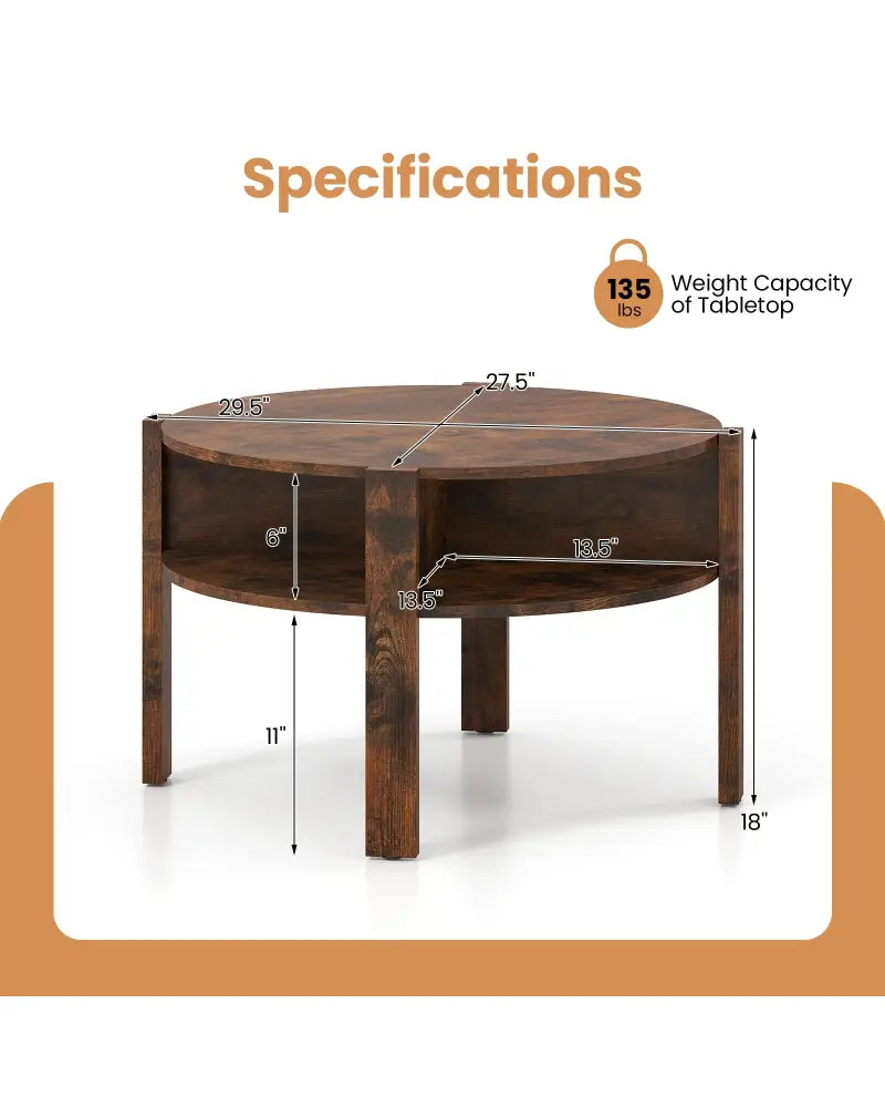29.5 Inch Round Coffee Table with Storage Shelves for Small Space-Rustic Brown - Rustic Brown - Coffee Tables