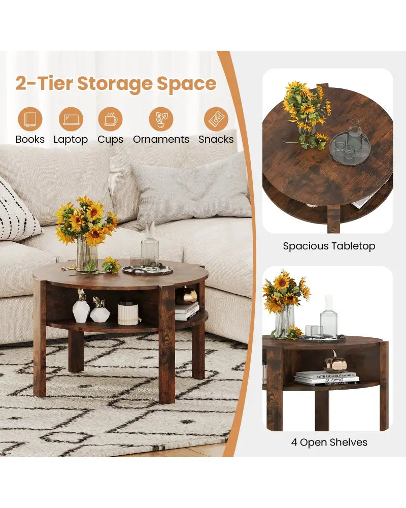 29.5 Inch Round Coffee Table with Storage Shelves for Small Space-Rustic Brown - Rustic Brown - Coffee Tables