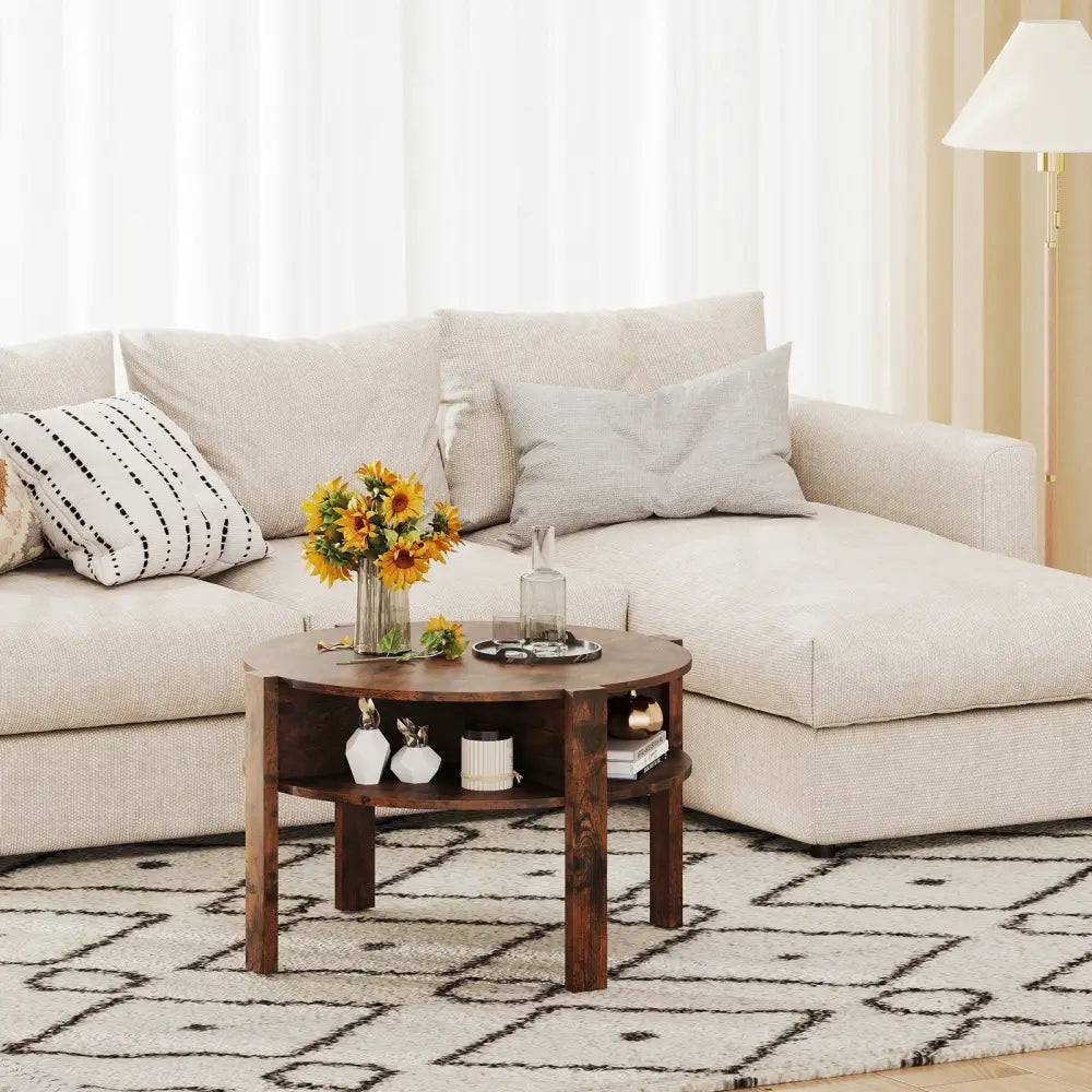 29.5 Inch Round Coffee Table with Storage Shelves for Small Space-Rustic Brown - Rustic Brown - Coffee Tables
