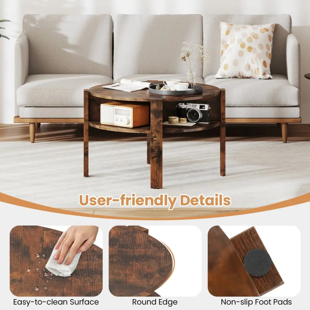 29.5 Inch Round Coffee Table with Storage Shelves for Small Space-Rustic Brown - Rustic Brown - Coffee Tables