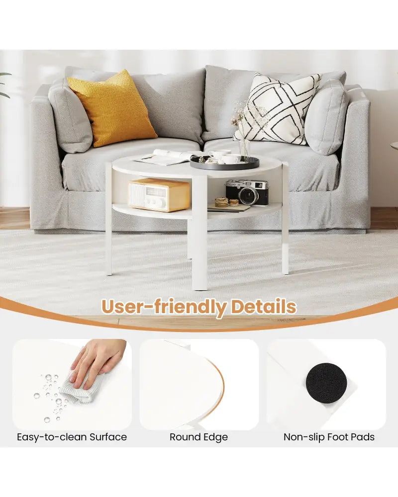 29.5 Inch Round Coffee Table with Storage Shelves for Small Space-White - White - Coffee Tables